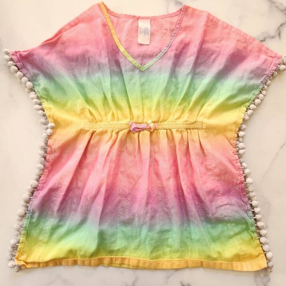 More than Magic XS 4/5 girls rainbow swim cover up pom pom trim swimming top
